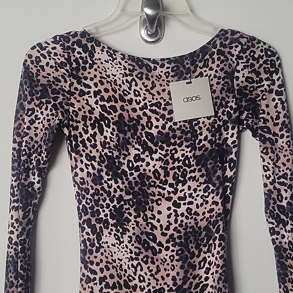 NWT Asos Midi Bodycon Dress Leopard Animal Black Print Sexy Fitted Stretch XS - Picture 4 of 10